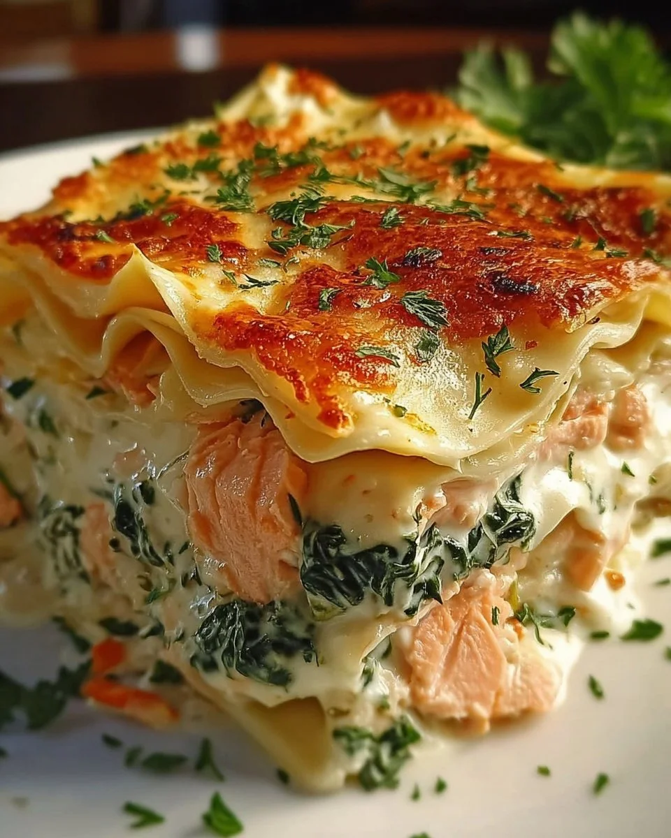 Himmlische Lachs-Spinat-Lasagne mit cremiger Sahnesoße auf einem Teller