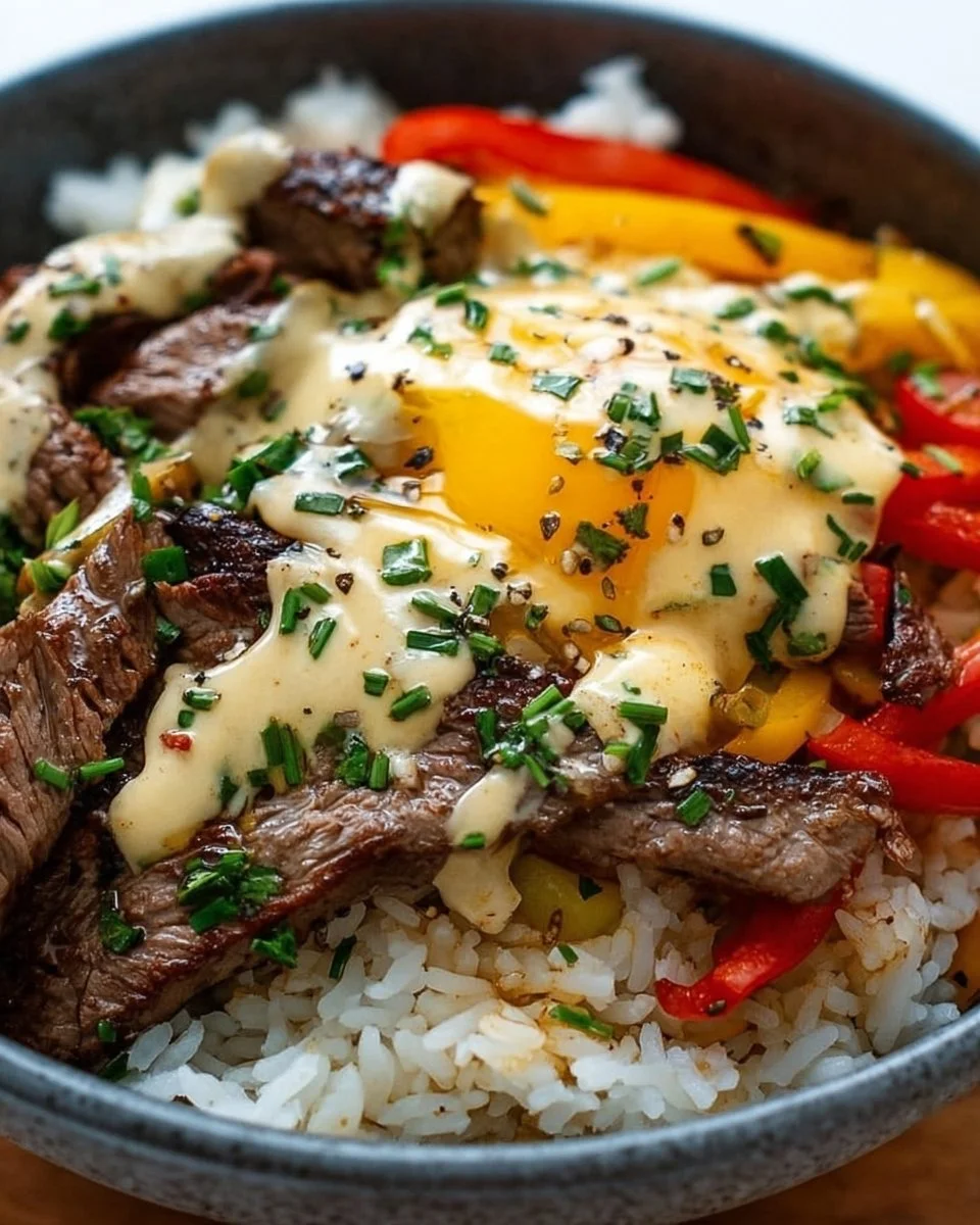 Hochprotein Philly Cheesesteak Reisschalen mit saftigem Fleisch und frischem Gemüse