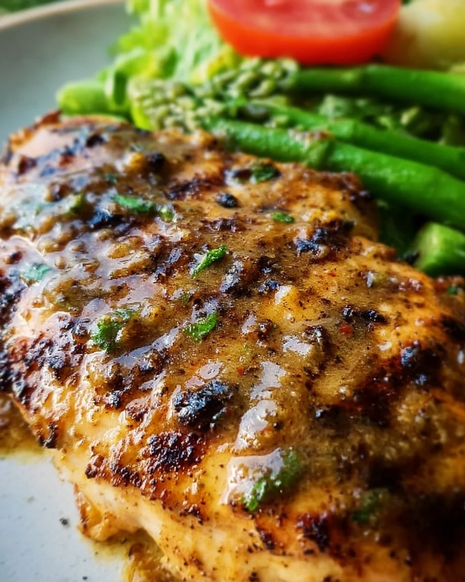 Gegrillte Honig-Dijon-Hähnchenbrust auf einem Teller mit frischen Kräutern