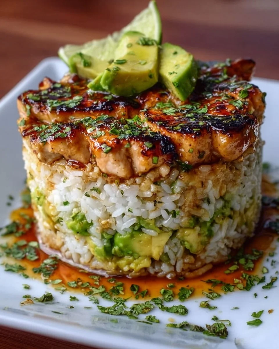 Honig-Limetten-Hühnchen serviert mit Avocado-Reis-Stapel auf einem Teller