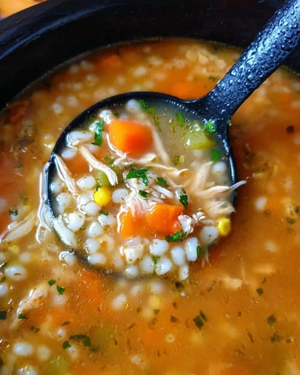 Schüssel mit dampfender Hühnchen-Gerste-Suppe, perfekt für die kalte Jahreszeit