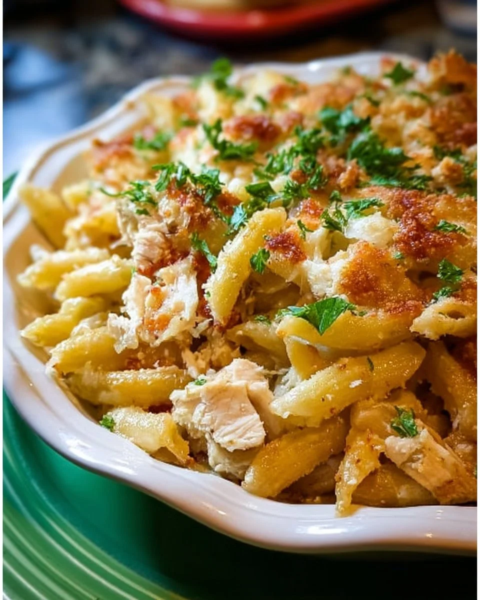 Hühnchen Parmesan Nudelauflauf mit Käse überbacken