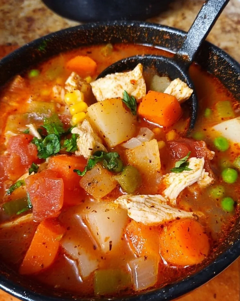 Schüssel mit HühnerGemüseSuppe, frisch zubereitet und gesund.