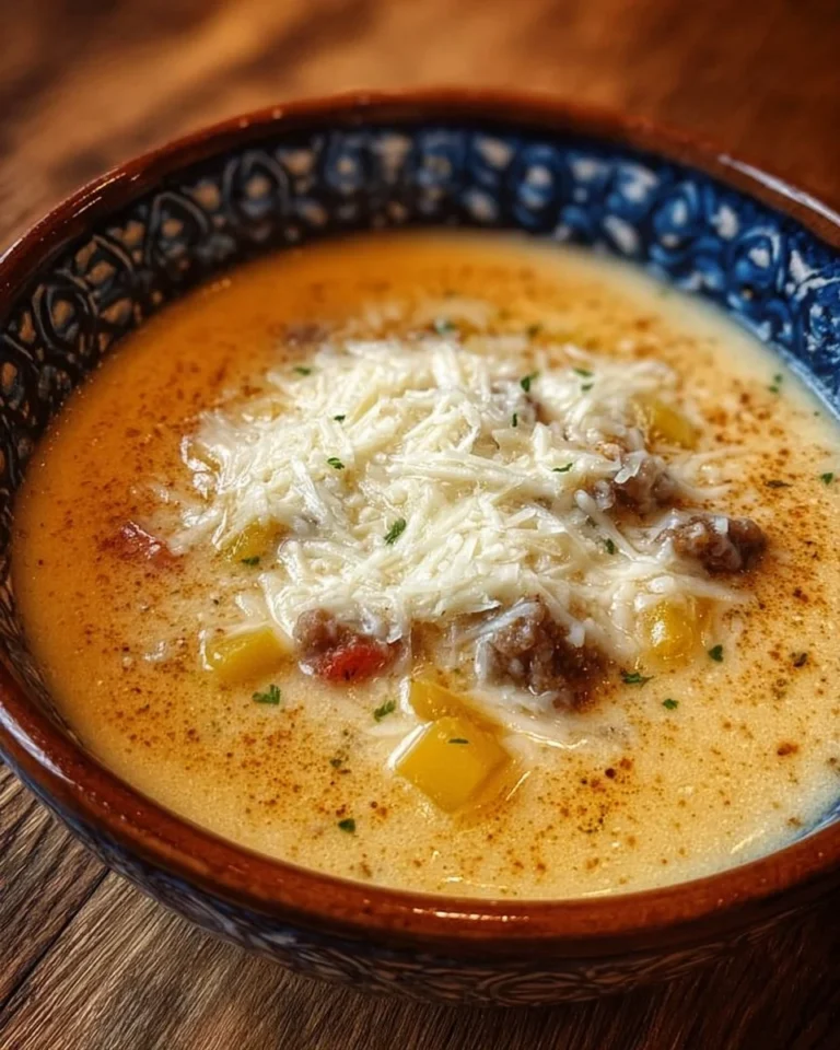 Schüssel mit italienischer cremiger Suppe, serviert mit frischen Kräutern.