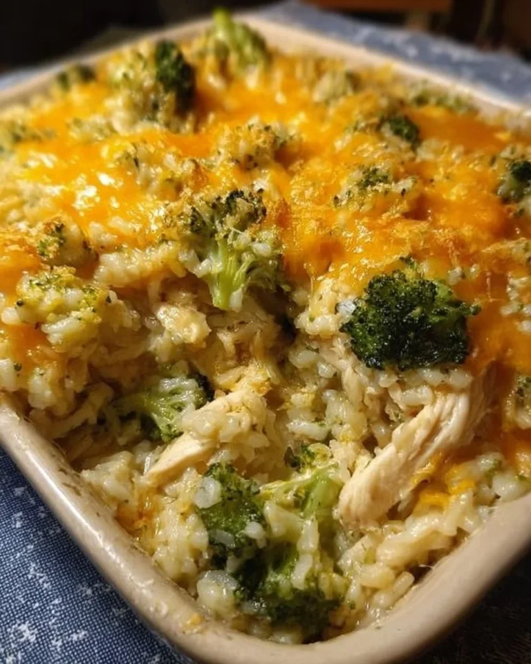 Käsey Brokkoli Hähnchen und Reisauflauf auf einem Teller serviert