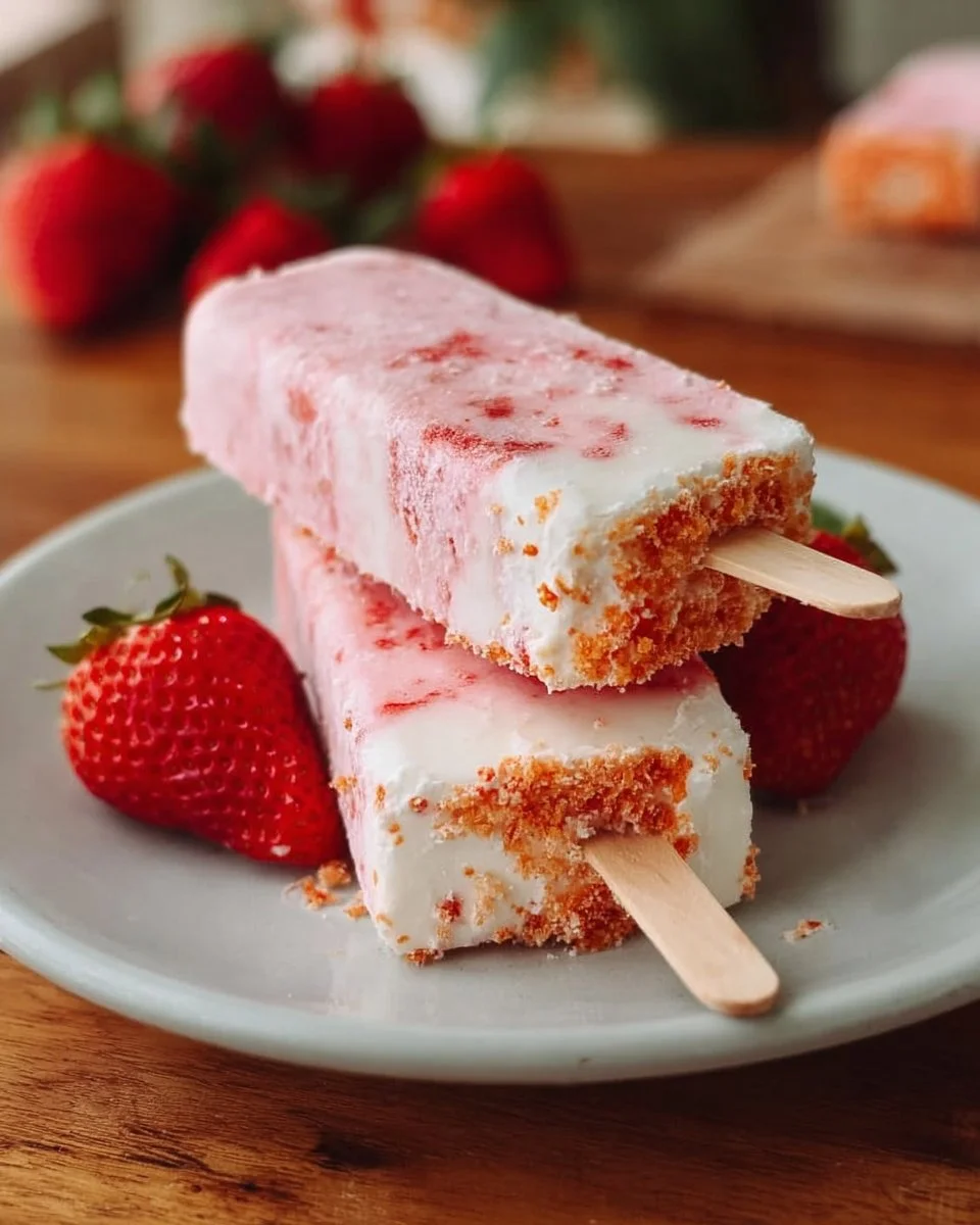 Klassische Erdbeer-Shortcake-Eisriegel auf einem Tisch