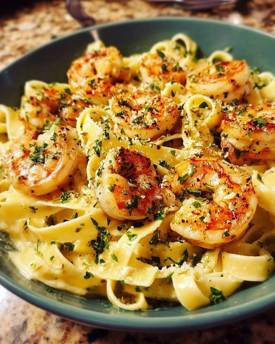 Klassische Garnelen-Fettuccine mit frischen Garnelen und Pasta