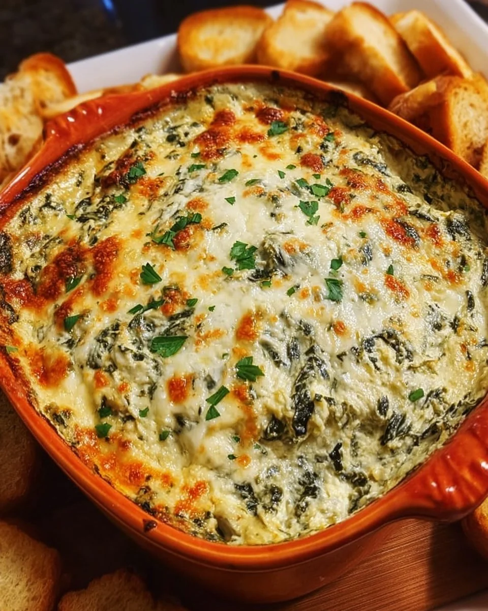 Klassischer gebackener Spinat-Artischocken-Dip in einer Schüssel serviert