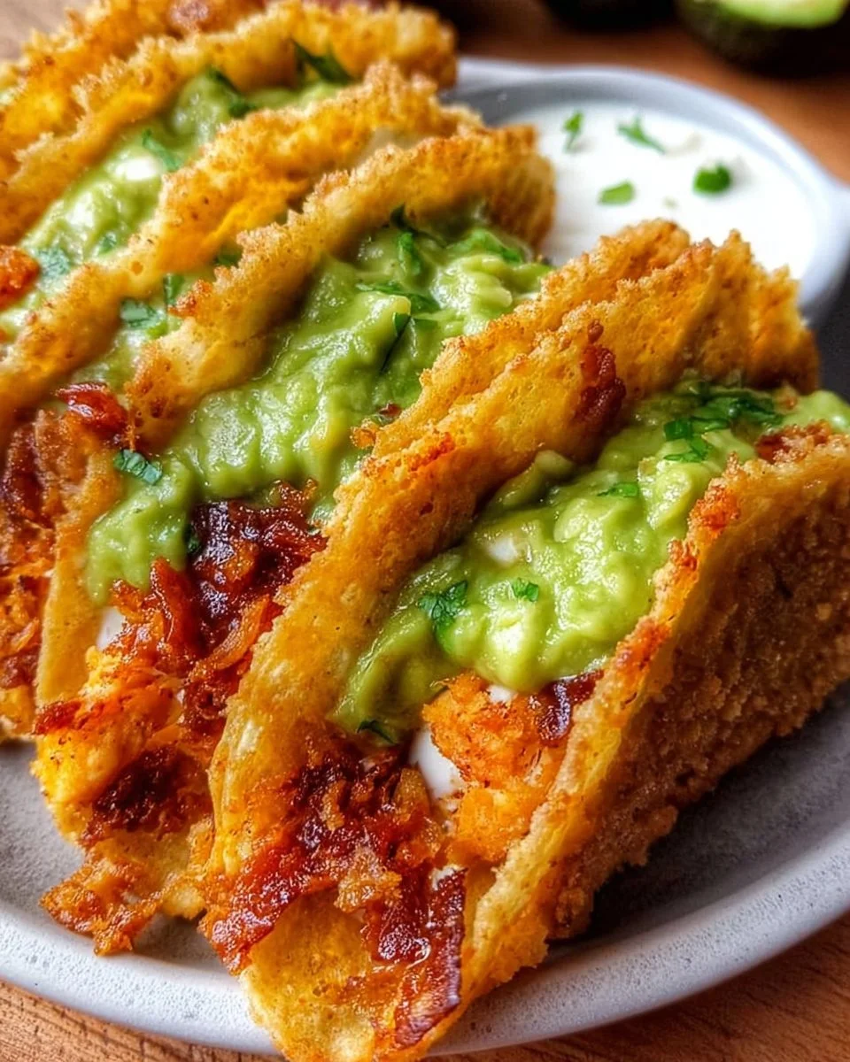 Knusprige gebackene Hühnertacos auf einem Teller serviert