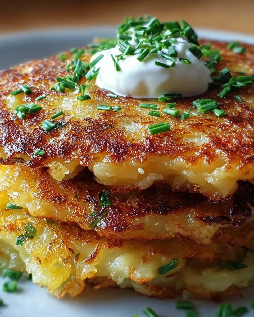 Knusprige Kartoffel-Zwiebel-Käse-Pfannkuchen serviert auf einem Teller