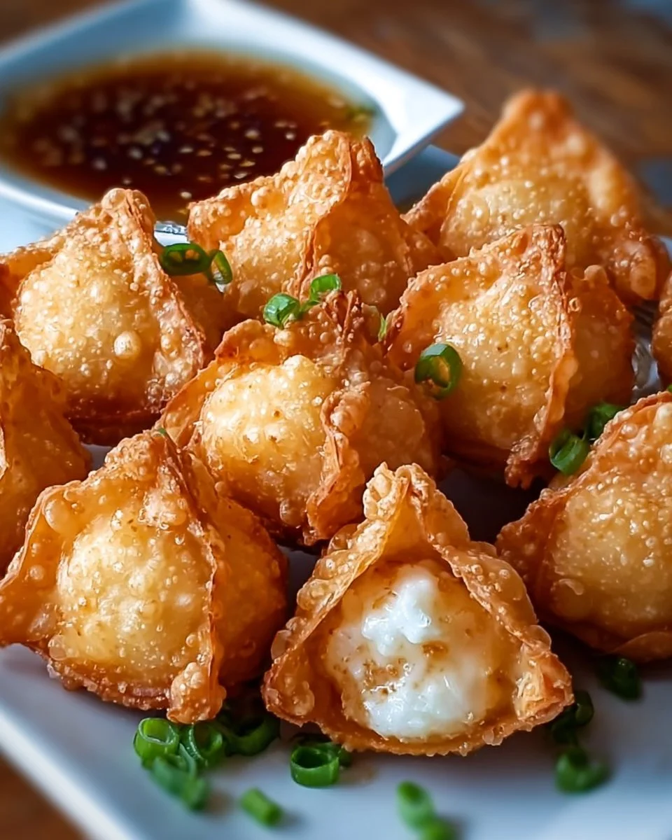 Knusprige Krabben-Rangoon-Bomben auf einem Teller serviert.