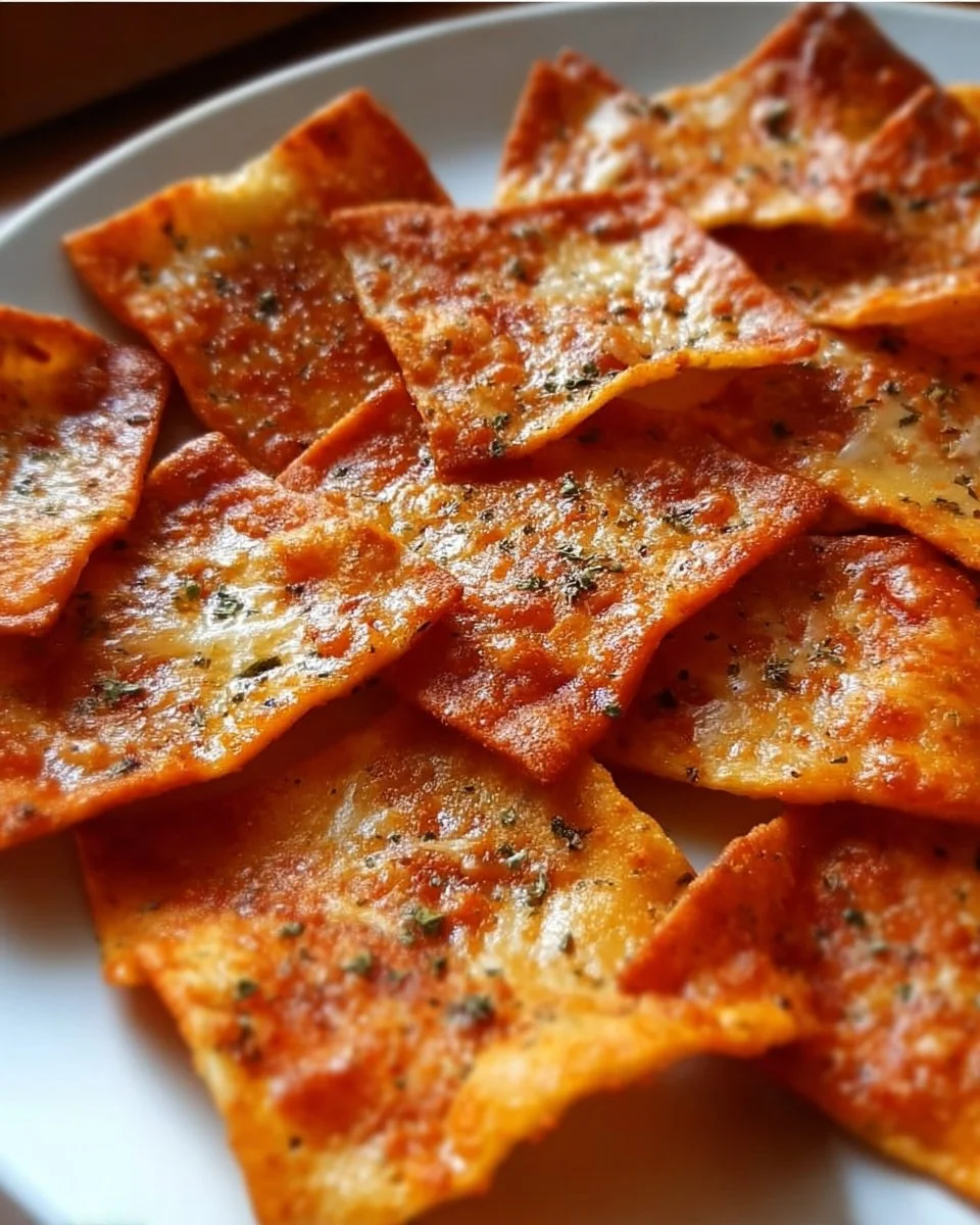 Knusprige Pizzachips auf einem Teller mit frischen Kräutern