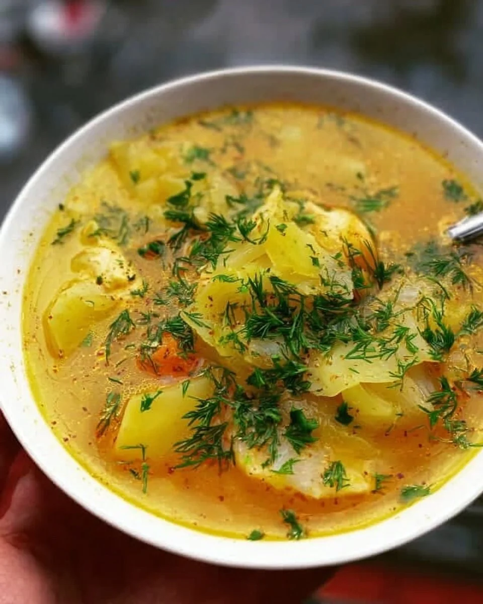 Leckere Kohlsuppe in einer Schüssel, serviert mit frischen Kräutern.
