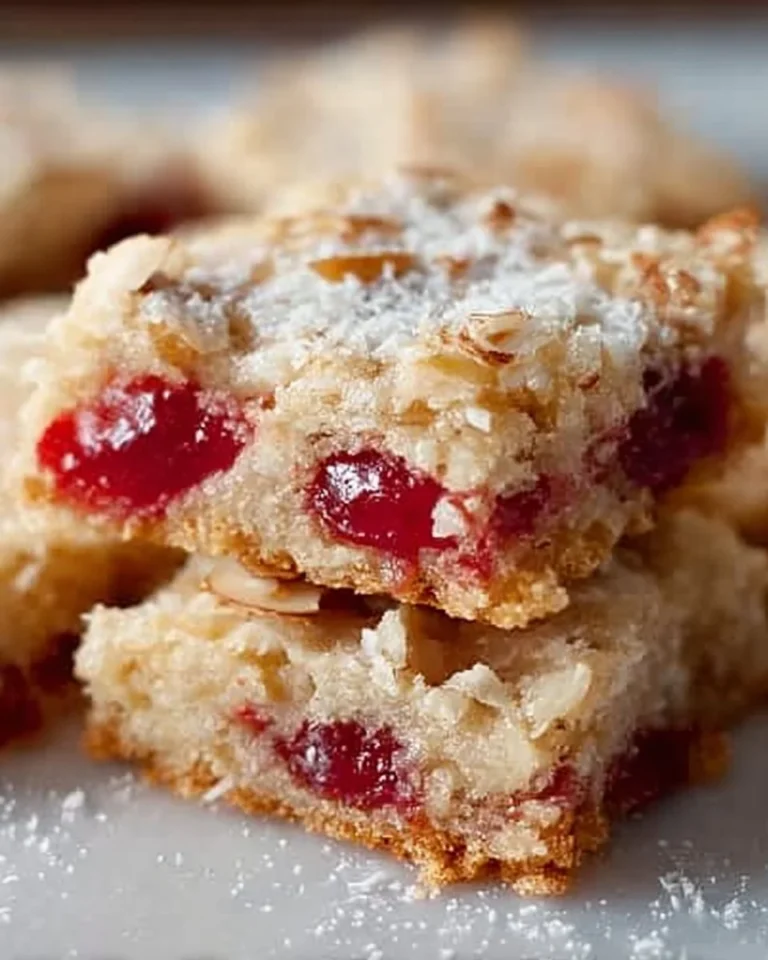 Kokosnuss-Kirsch-Mandel-Riegel auf einem Holztisch