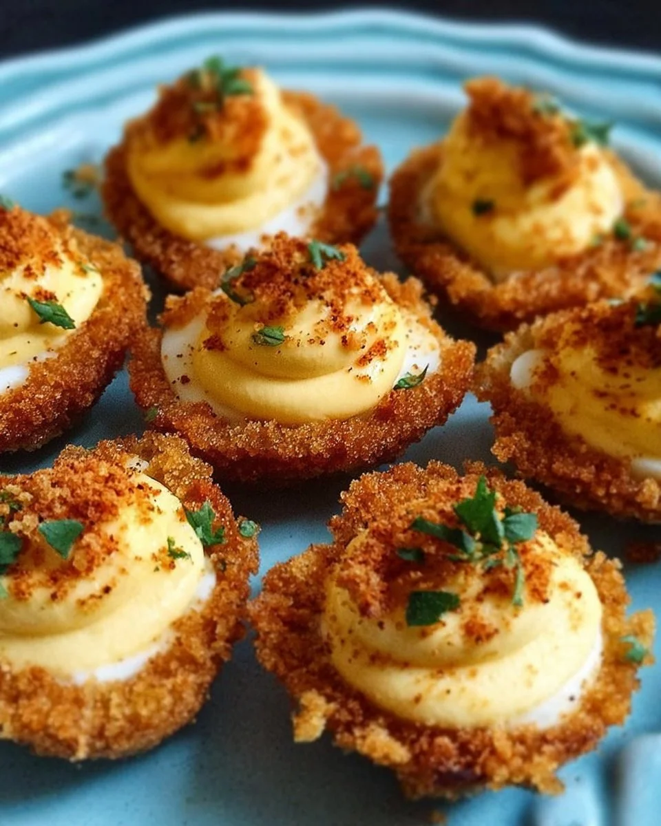 Kreolisch frittierte Eier mit Teufelsfüllung auf einem Teller serviert