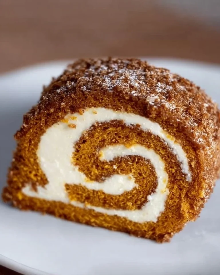 Köstliche Kürbiskuchenrolle mit Sahnefüllung und Kürbisstückchen