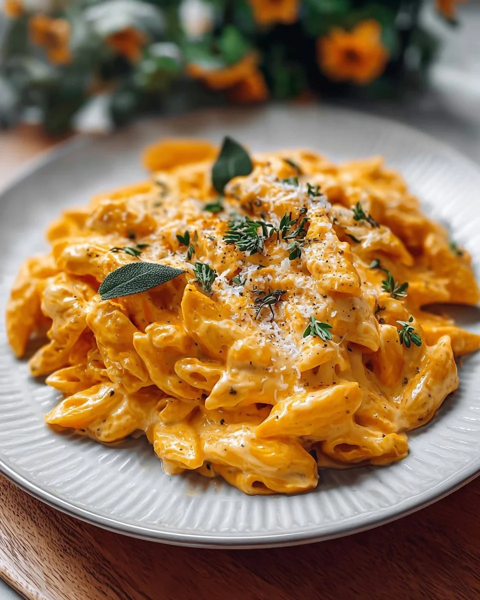 Kürbispasta mit Frischkäse auf einem Teller serviert