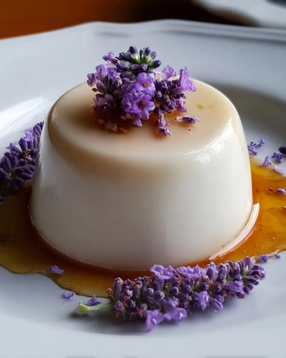 Lavendel-Honig-Panna-Cotta mit frischen Lavendelblüten und Honig