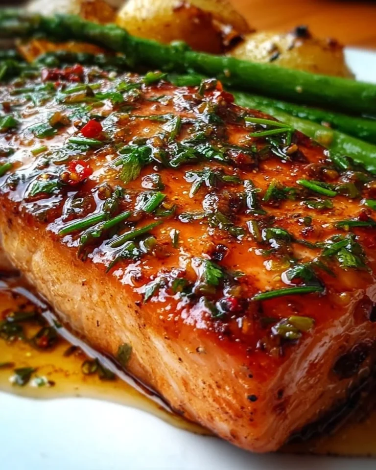 Saftiger Honiglachs aus dem Ofen auf einem Teller serviert.