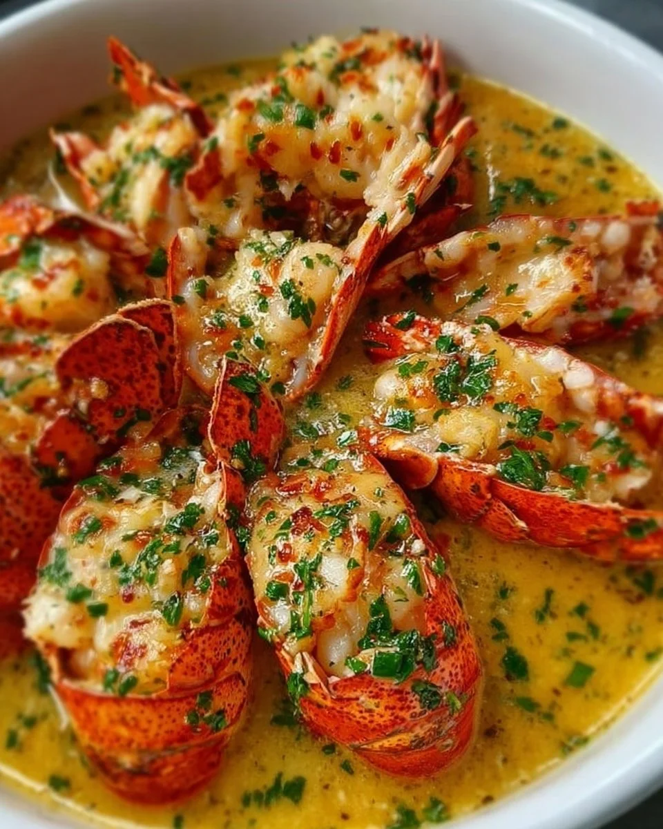 Luxuriöse Hummerhappen in Knoblauchbuttersauce serviert auf einem eleganten Teller.