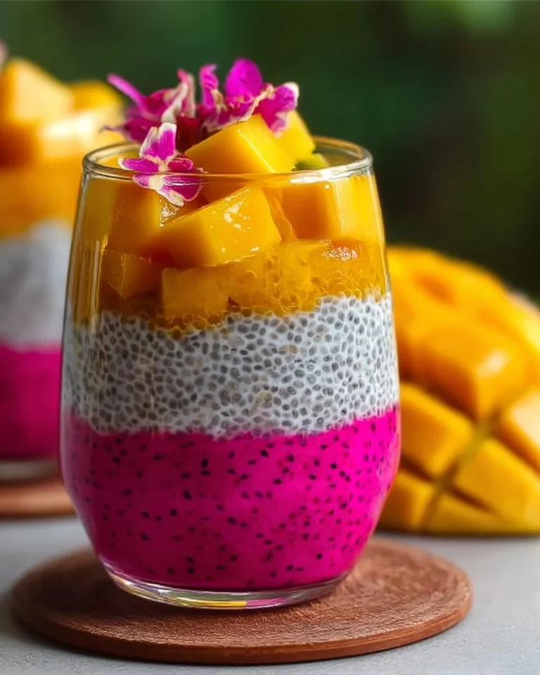 Mango und Drachenfrucht Chia-Pudding in einer Schale, frisch zubereitet