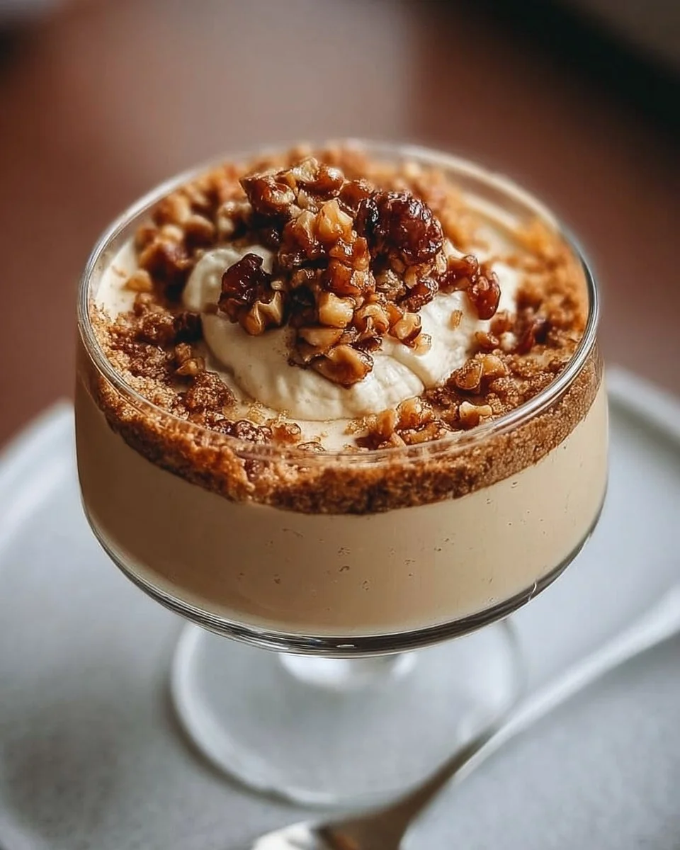 Mascarpone-Kaffee-Creme mit crunchy Haselnusskrokant, serviert im Glas