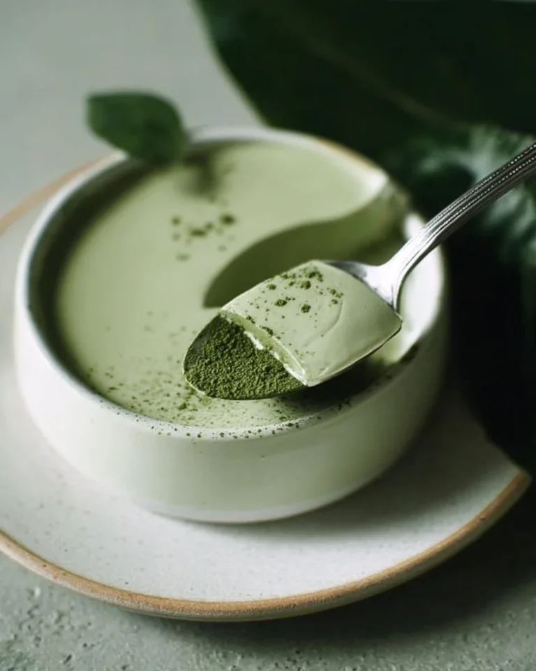 Keto-freundliche Matcha Panna Cotta mit Kokosnuss in einer eleganten Schüssel