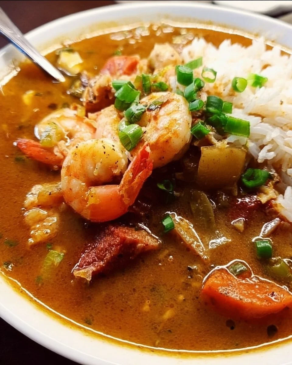 Schüssel Meeresfrüchte-Gumbo mit frischen Zutaten und Gewürzen