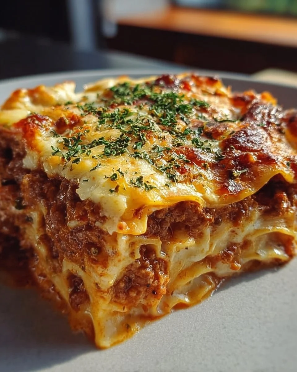 Millionen-Dollar-Lasagne mit Käse und frischen Zutaten auf einem Teller