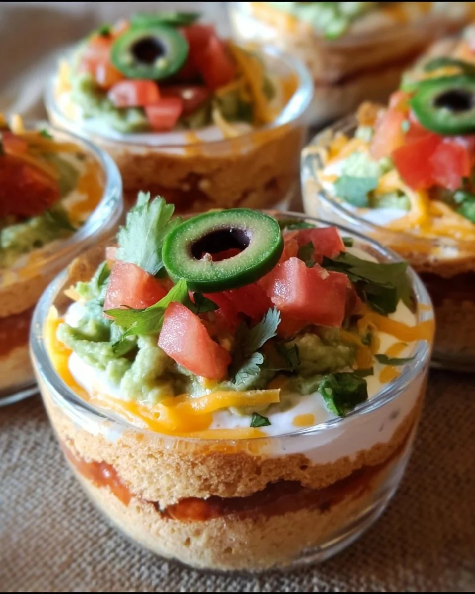 Mini 7-Schichten-Bohnen-Dip-Schalen auf einem Tisch serviert