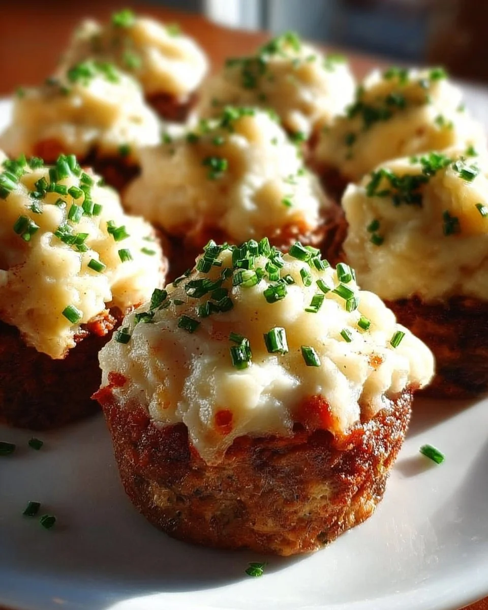 Mini-Fleischlaib-Muffins mit Kartoffelpüree-Frosting auf einem Teller