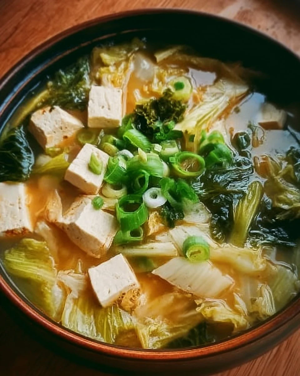 Napa-Kohl-Tofu-Suppe mit frischen Zutaten in einer Schüssel