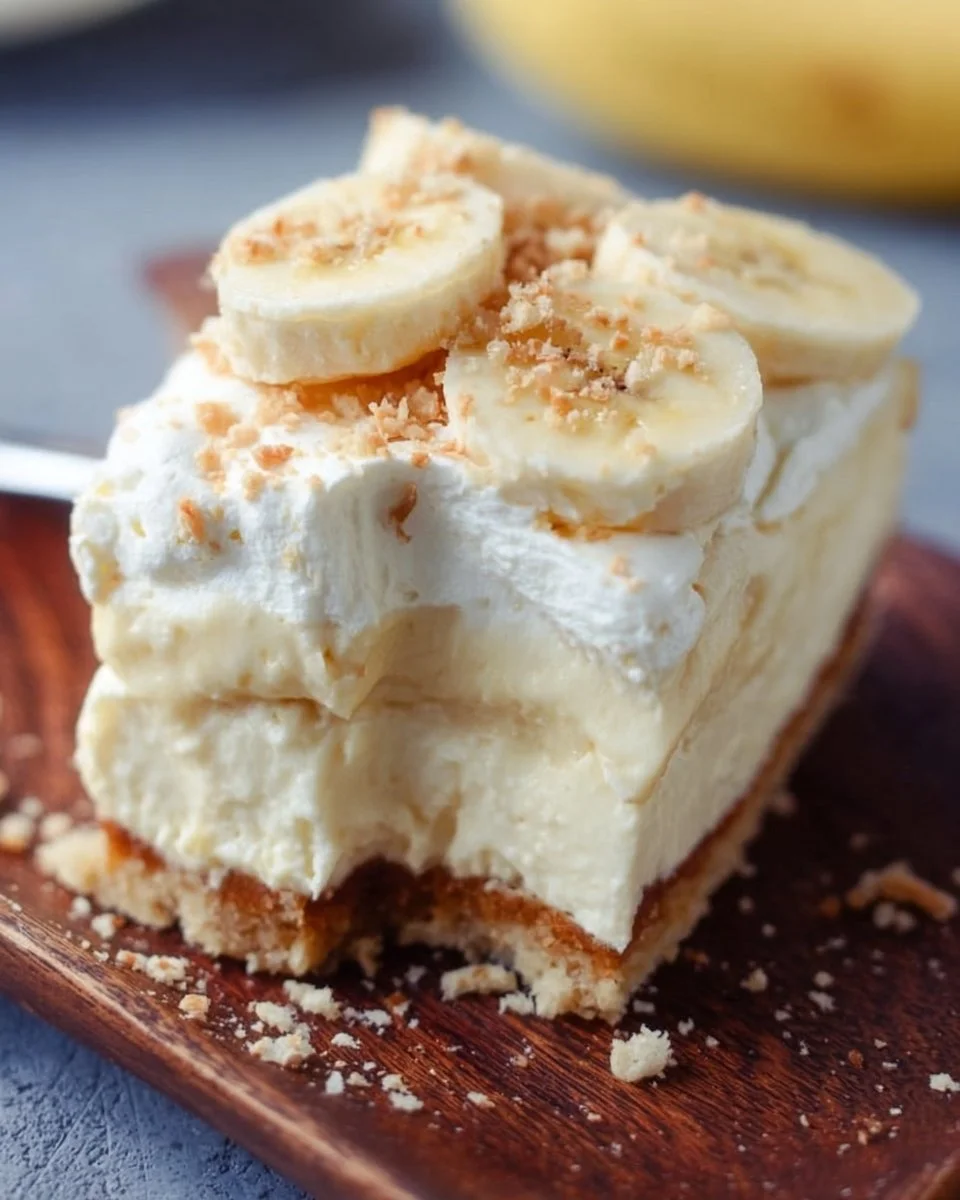No-Bake Bananenpudding-Käsekuchen mit Sahne und Bananen dekoriert
