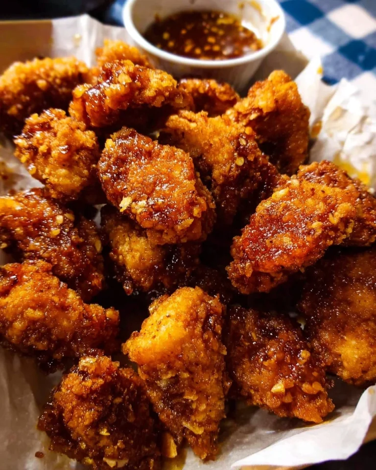 Ofenfrittiertes südliches Honig-Popcorn-Hühnchen auf einem Teller angerichtet