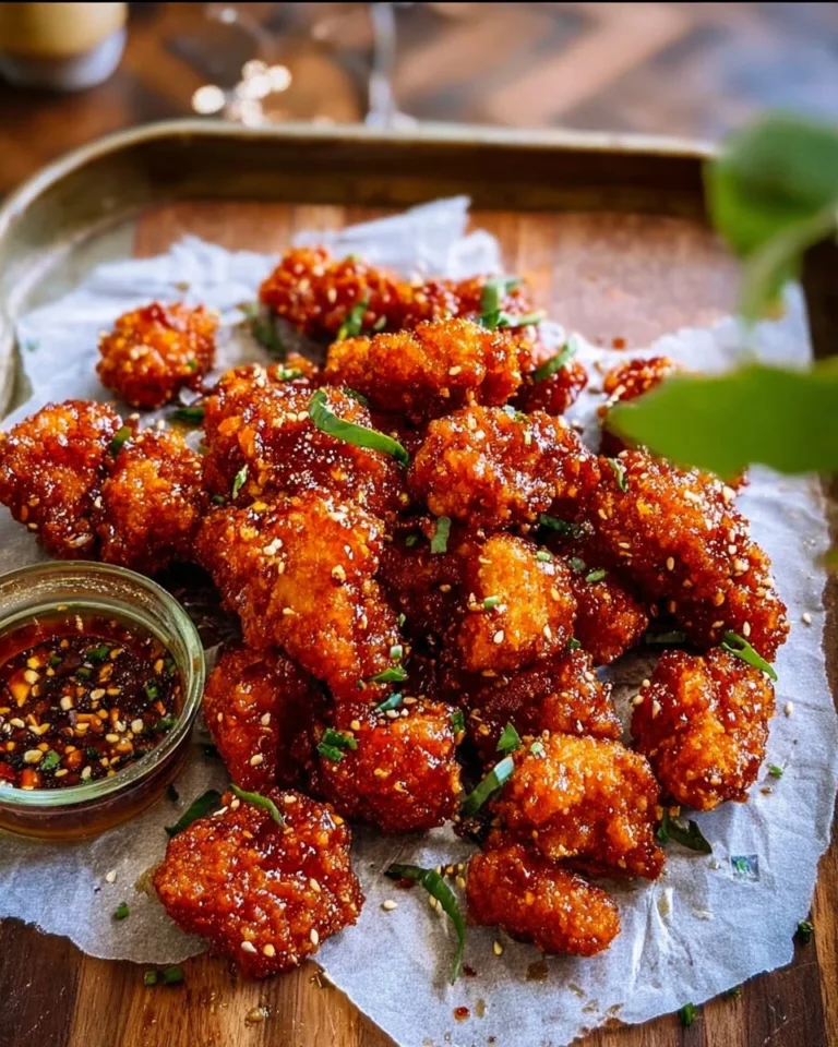 Ofenfrittiertes koreanisches Popcorn-Hühnchen auf einem Teller serviert