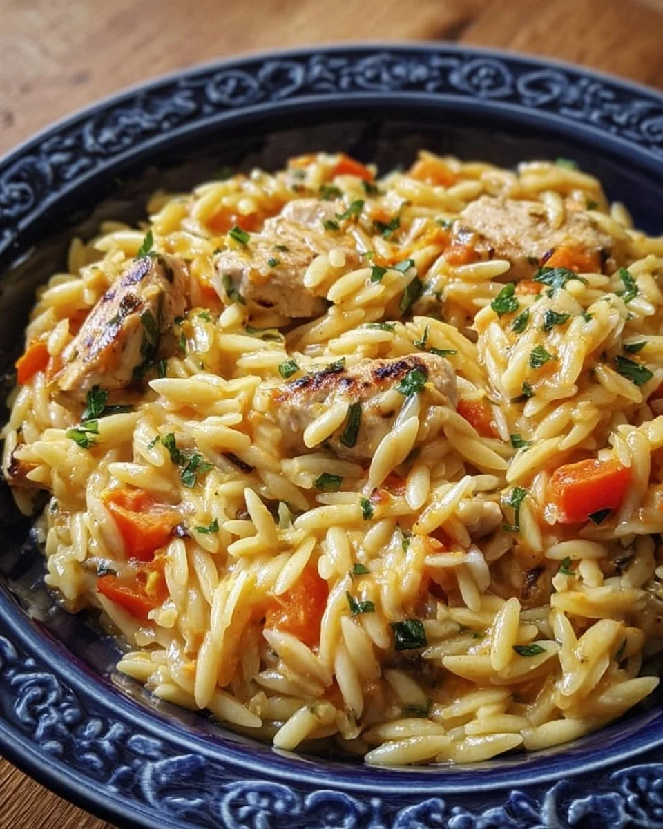 One-Pot Orzo Comfort Dish im Topf mit frischen Zutaten