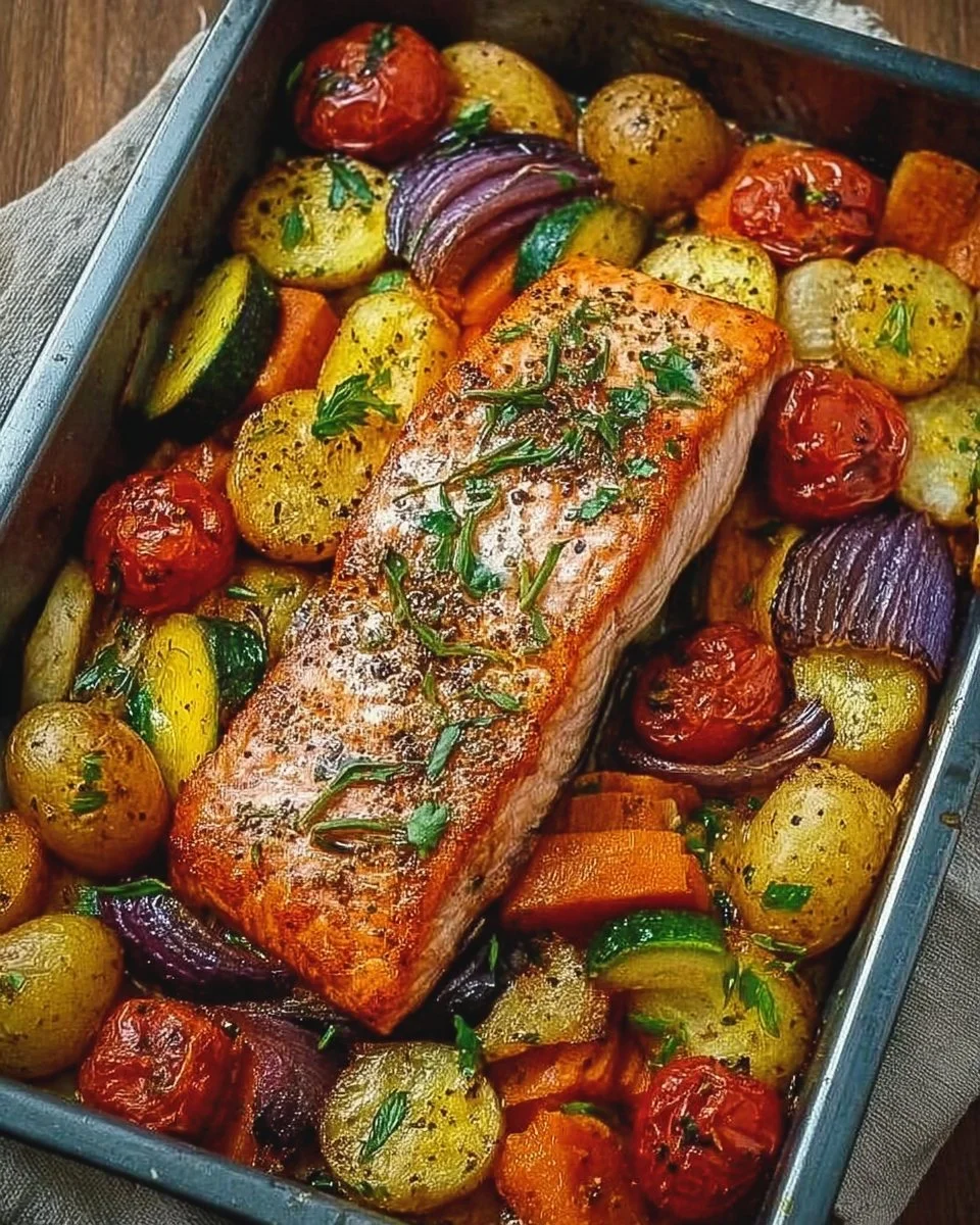 Oven-baked salmon served with colorful roasted vegetables