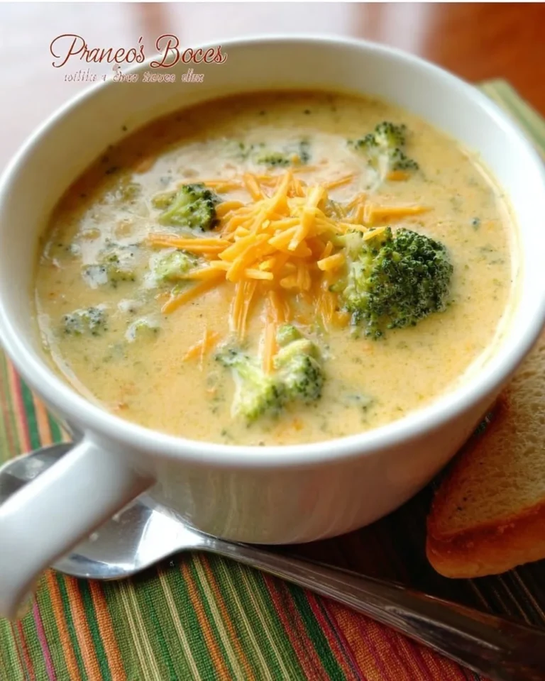 Schale mit Paneras Brokkoli-Cheddar-Suppe, garniert mit Käse und Brokkoli