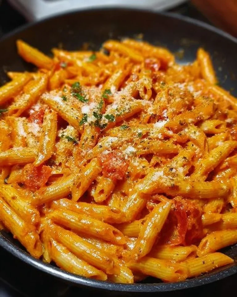 Penne pasta served with rich creamy paprika sauce garnished with herbs