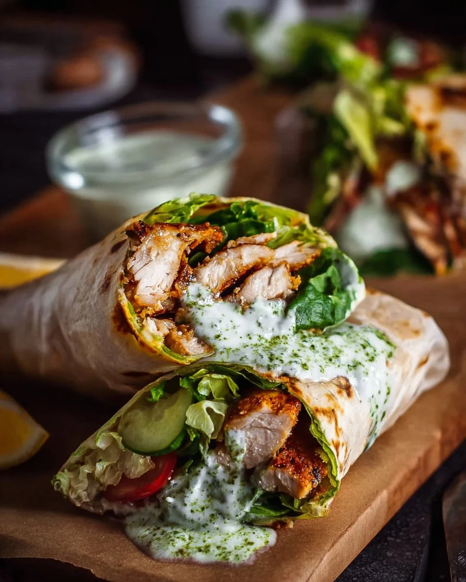 Leckere Pesto-Hähnchen-Salat-Wraps mit frischem Tzatziki