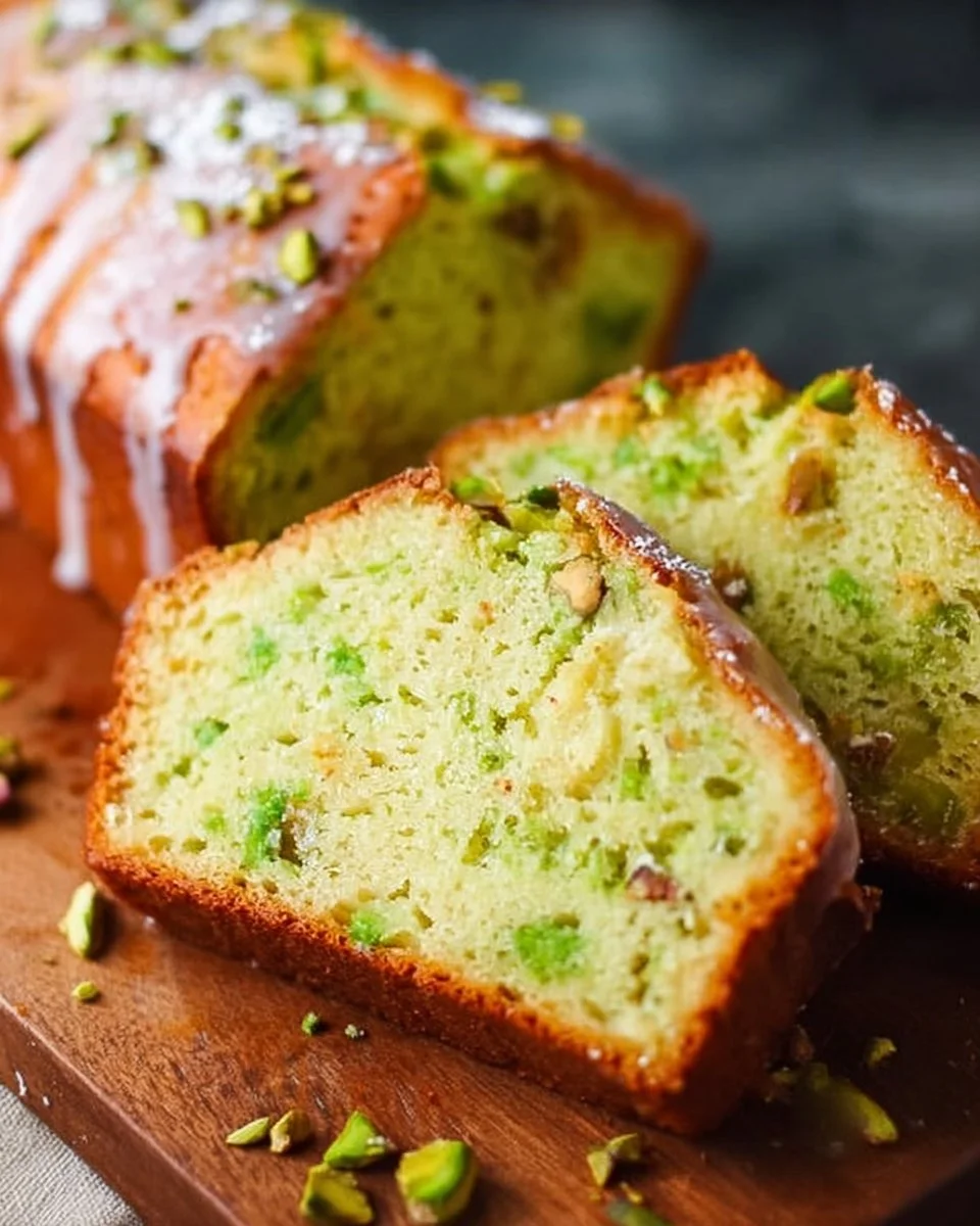 Frisches Pistazien-Schnellbrot auf einem Holzbrett mit Pistazienkernen