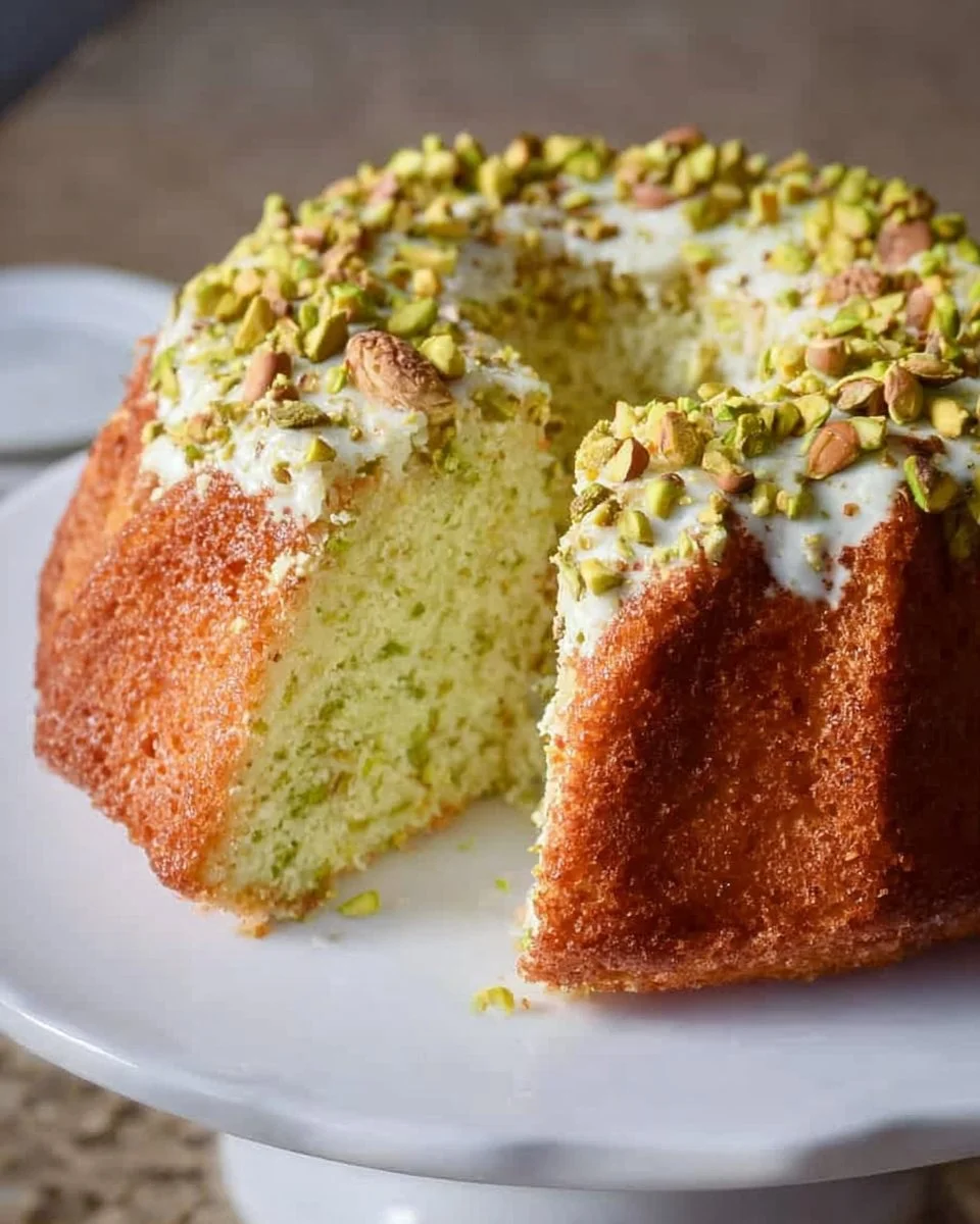 Ein leckerer Pistazienpuddingkuchen, dekoriert mit frischen Pistazien.