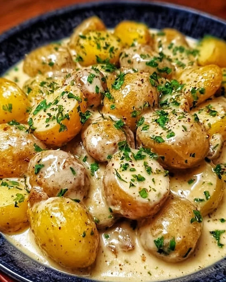 Delicious potatoes drizzled with rich garlic cream sauce