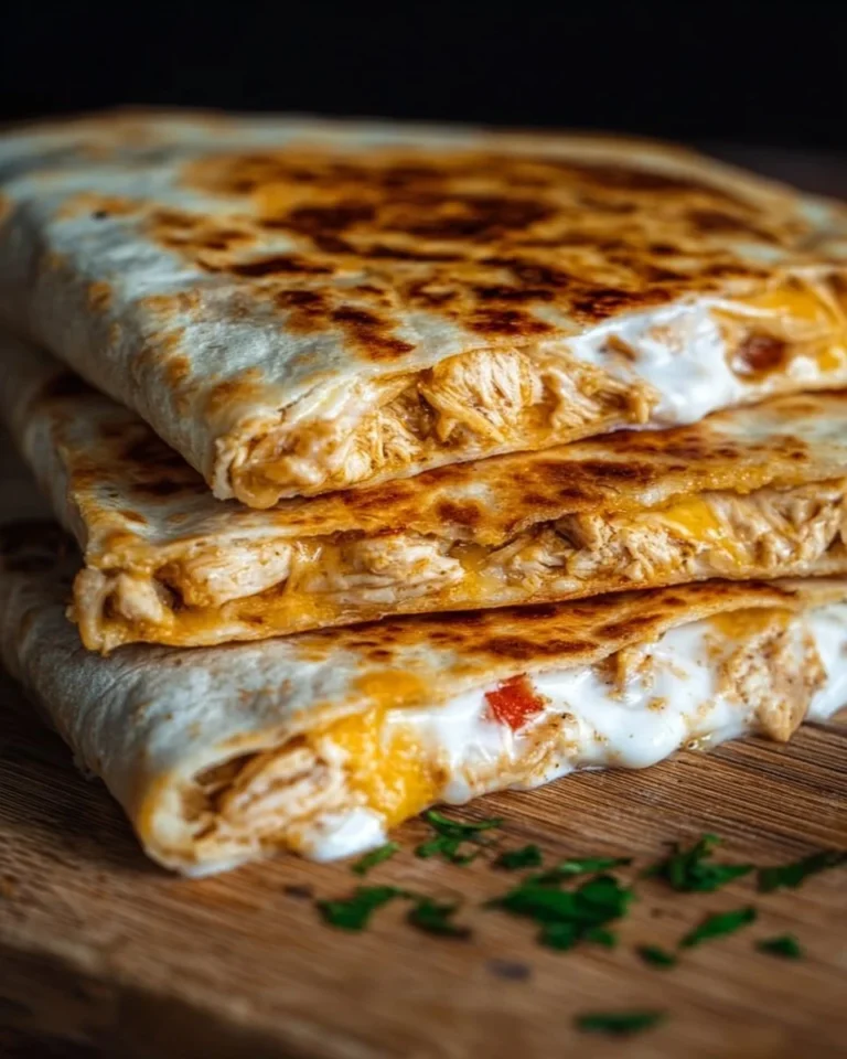 Proteinreiche Hähnchen-Ranch-Quesadilla mit frischen Zutaten und würziger Soße.