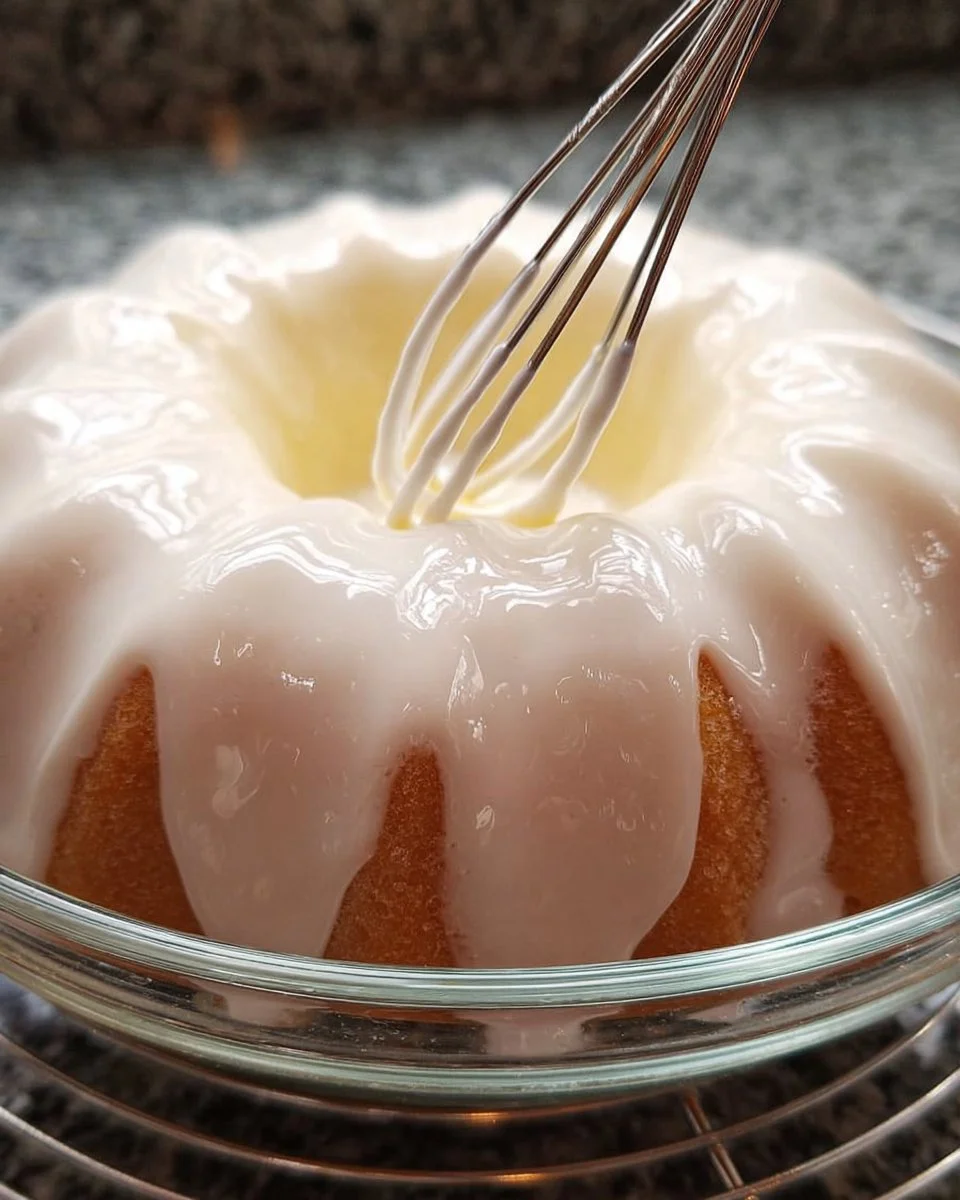 Hausgemachte Puderzucker-Glasur auf einem frisch gebackenen Kuchen