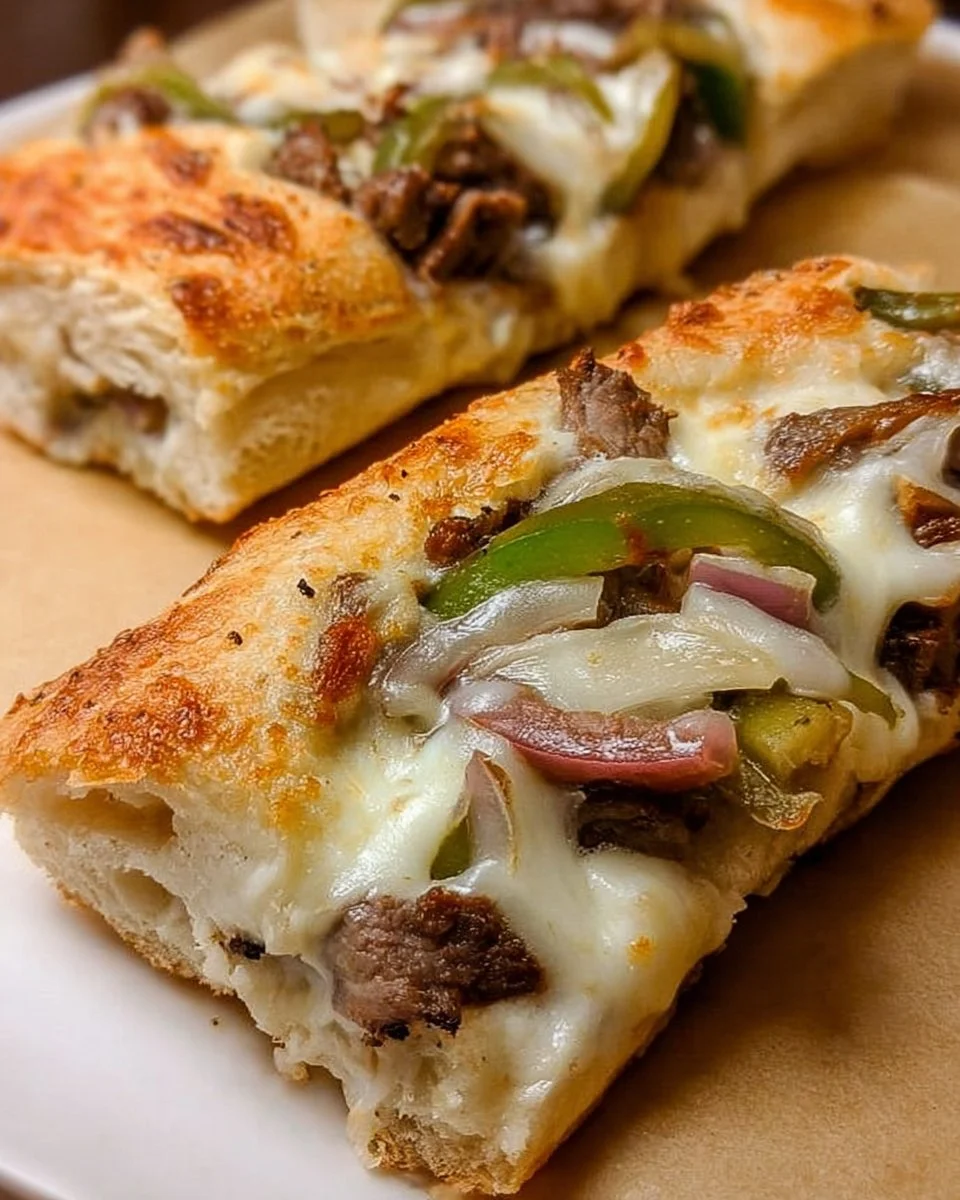 Rindfleisch Philly Cheesesteak Pizza-Sticks mit geschmolzenem Käse und frischen Zutaten