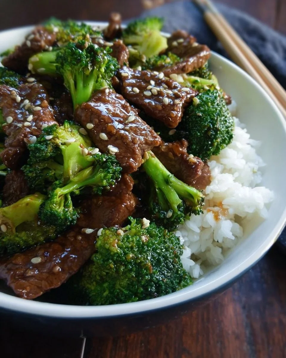 Gericht aus Rindfleisch und Brokkoli auf einem Teller