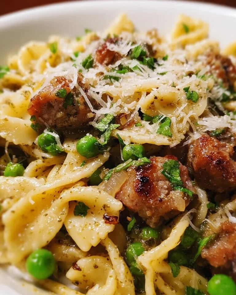 Rindwurst-Pesto-Pasta mit karamellisierten Zwiebeln und Erbsen auf einem Teller