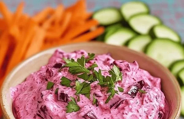 Schälchen mit Rote Bete Dip auf einem Holzbrett mit frischem Gemüse.