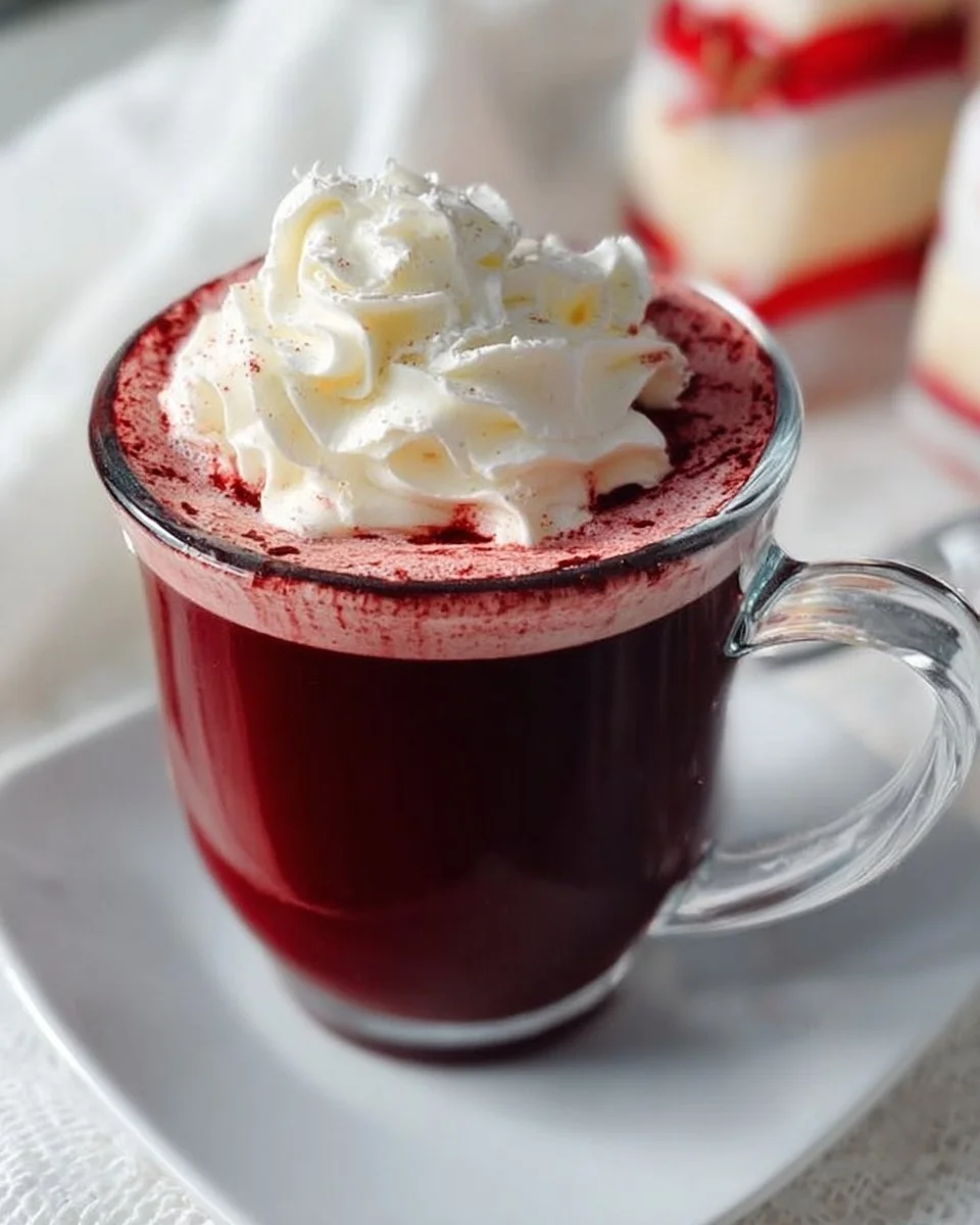 Rote Samt heiße Schokolade mit Frischkäse Schlagcreme serviert in Tasse